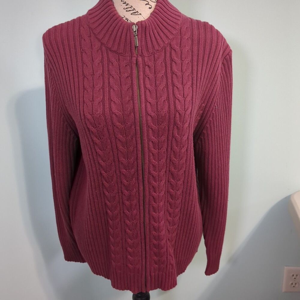 Lands End Burgundy Cable Knit Cardigan Sweater Zip Front High Neck L 14-16 pet